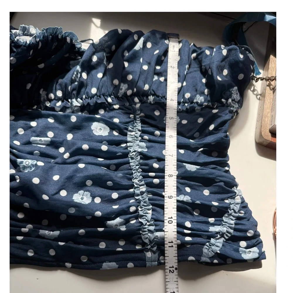 Free People Tube Top Navy Blue White Polka Dot Ruched Ruffle Fitted Large